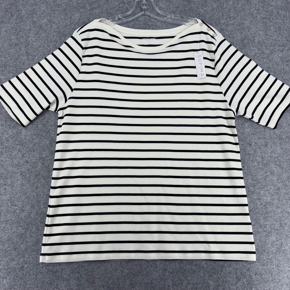 Lands' End Supima Cotton Striped Boatneck T-Shirt Ivory Navy Blue XL 551938